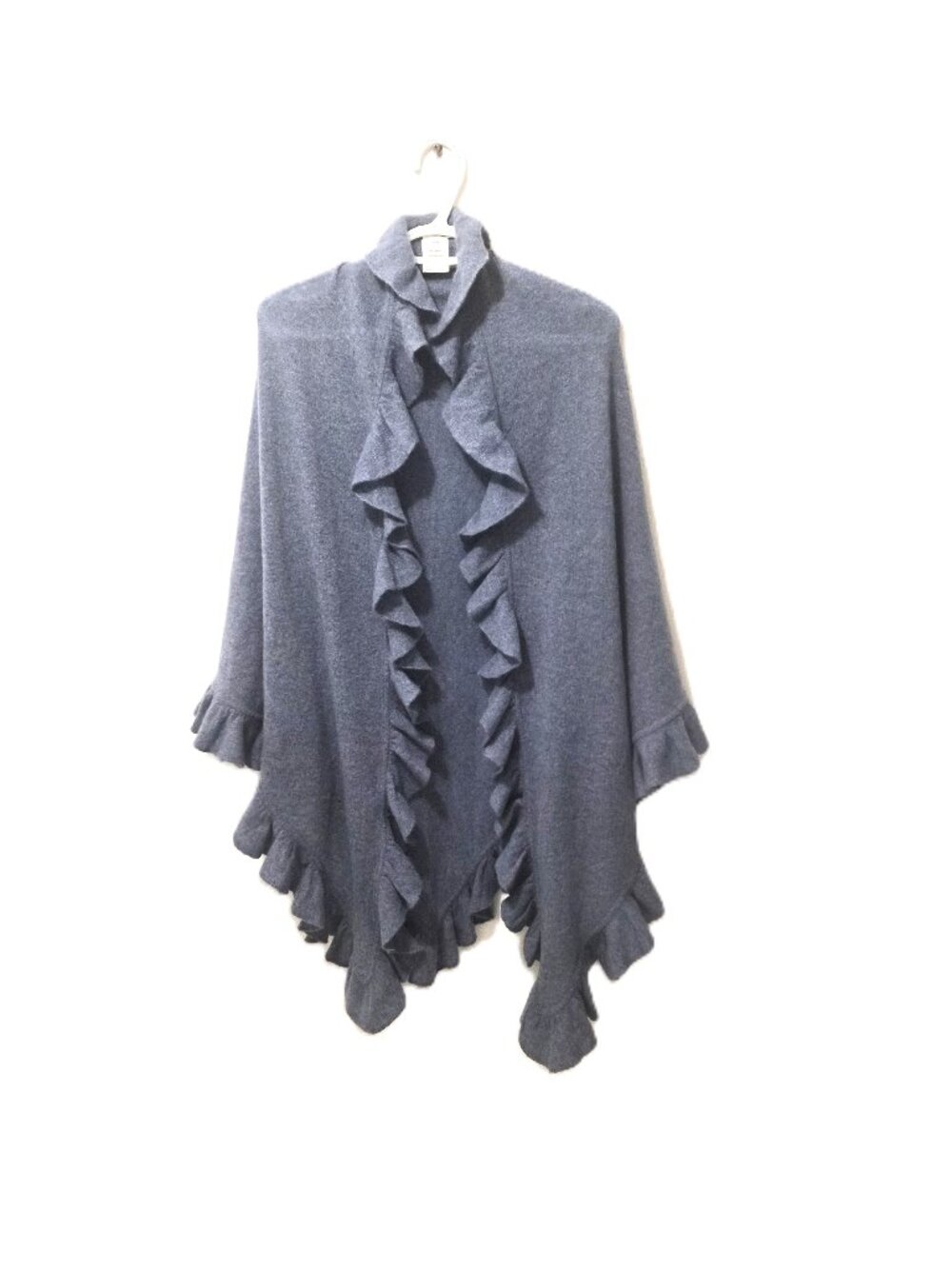 Minnie Rose 100% Cashmere Ruffle Poncho Shawl Dusty Blue Romantic Boho Soft Girl